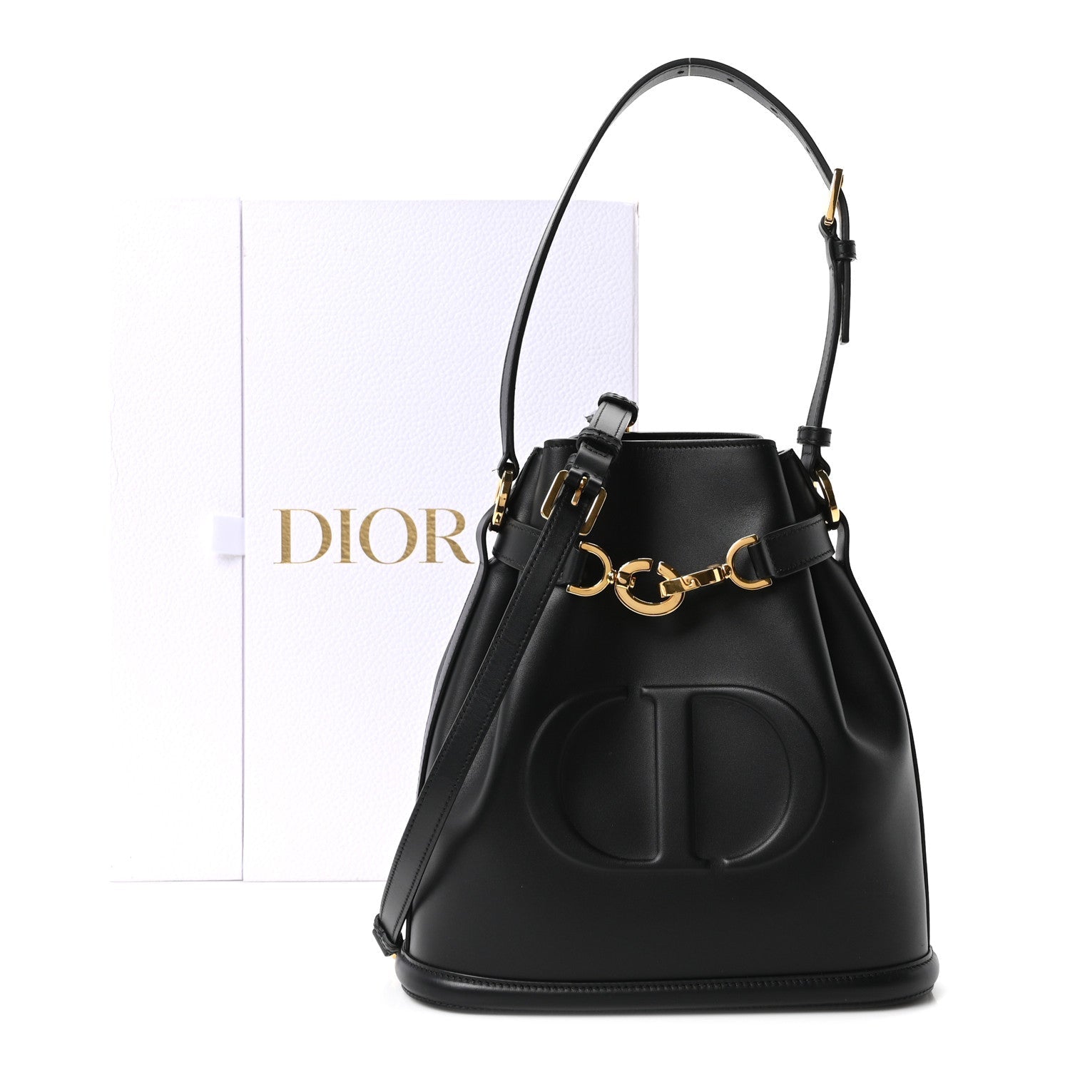 Christian Dior Calfskin CD Embossed Medium C'est Chain Bucket Bag Black