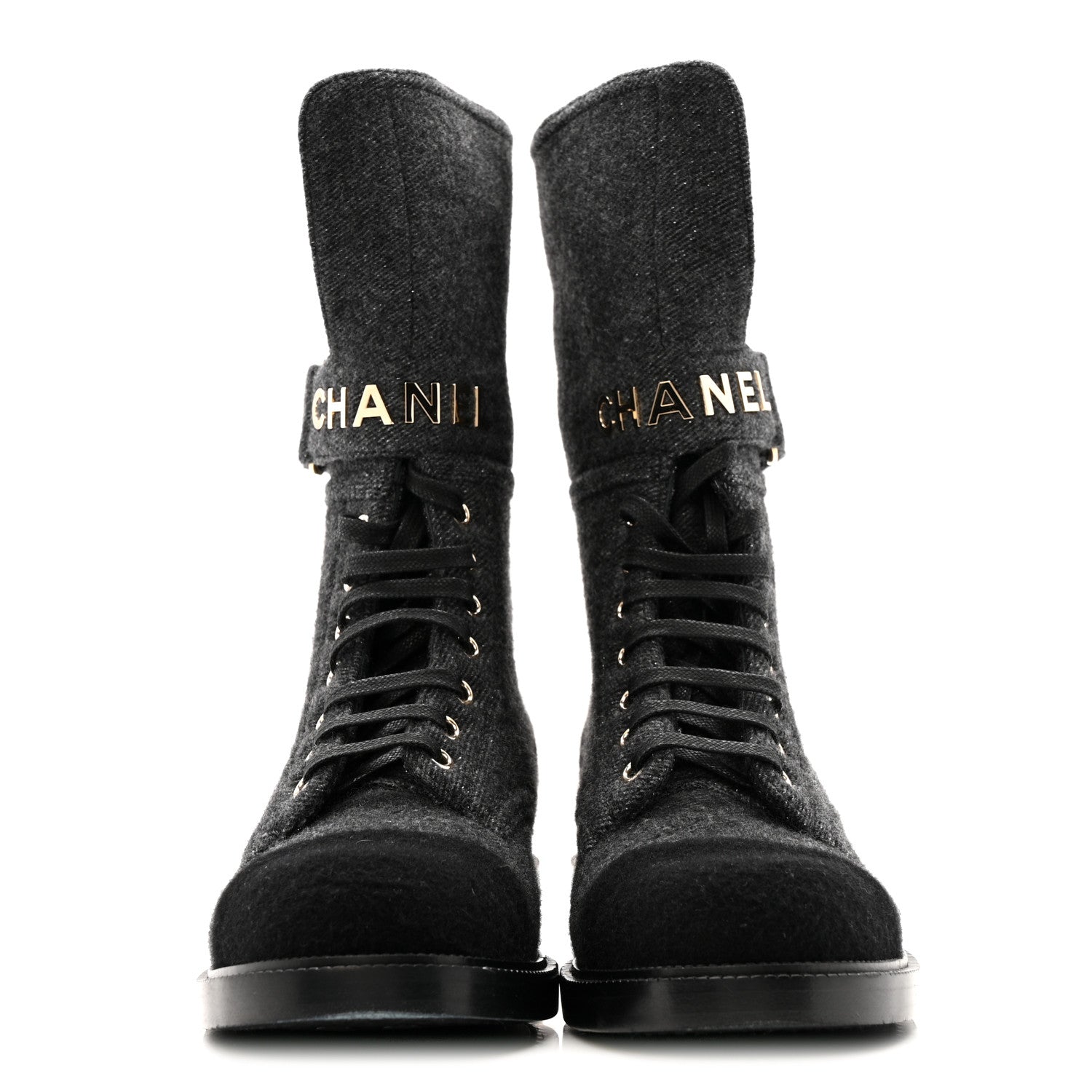 Chanel Tweed Lace Up Combat Boots 37.5 Dark Grey Black