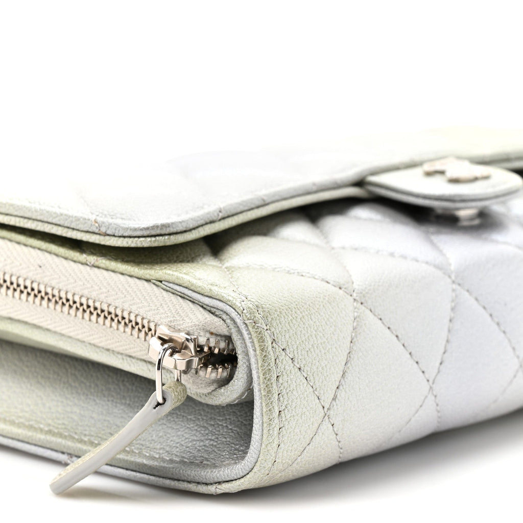 Chanel Metallic Goatskin Quilted Ombre Phone Holder Wallet on Removable Chain Grey Green