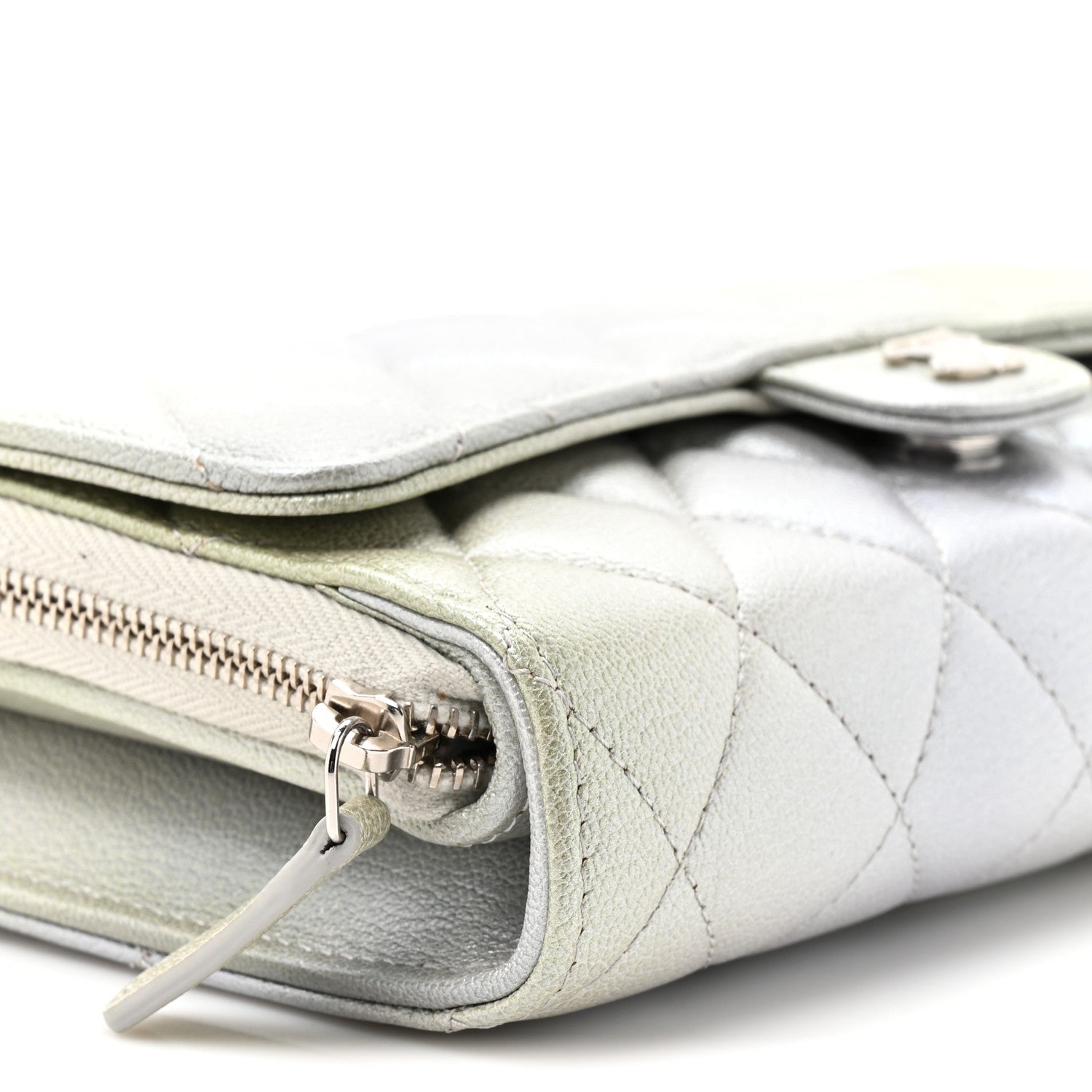 Chanel Metallic Goatskin Quilted Ombre Phone Holder Wallet on Removable Chain Grey Green