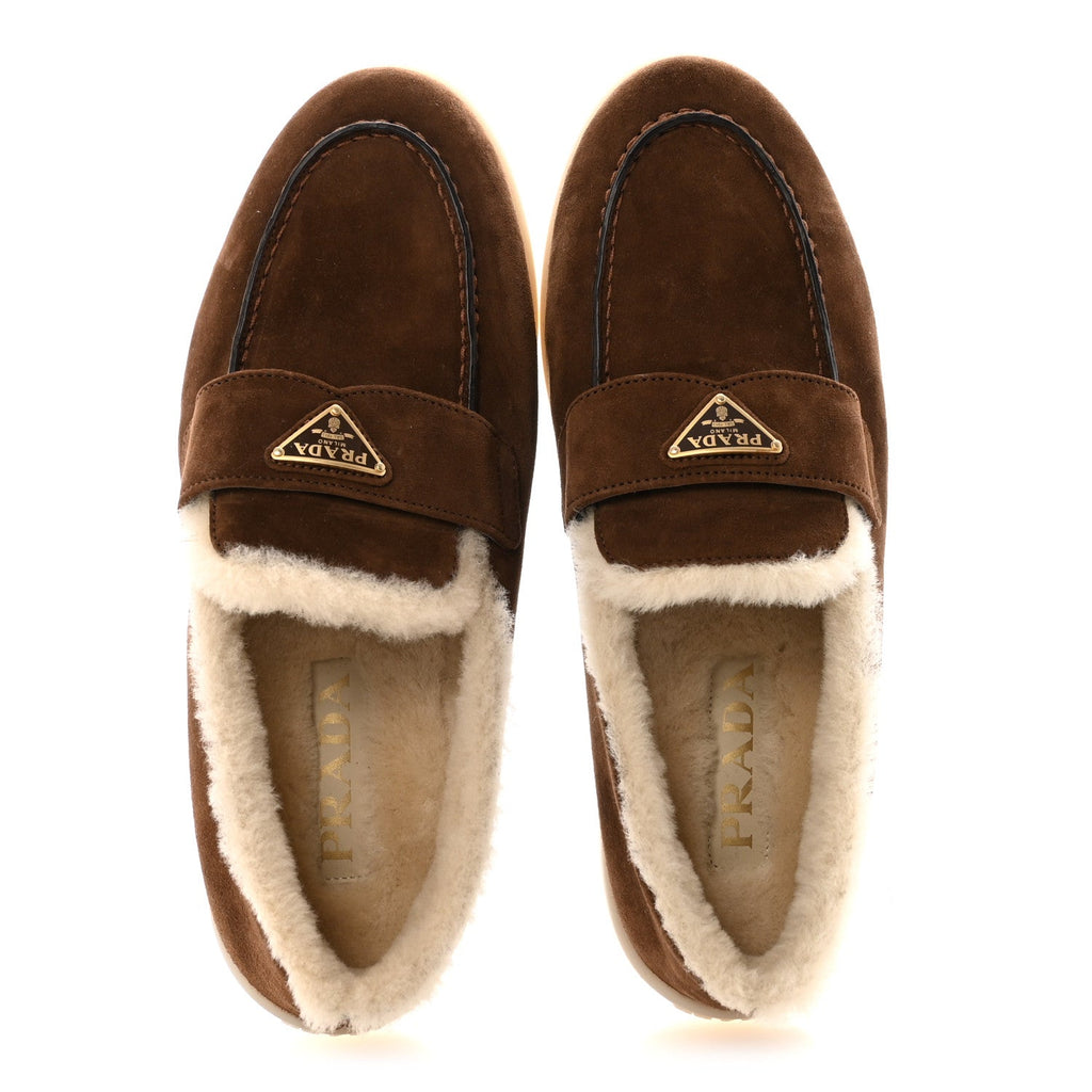 Prada Suede Shearling Triangle Logo Loafer 38.5 Cocoa Brown