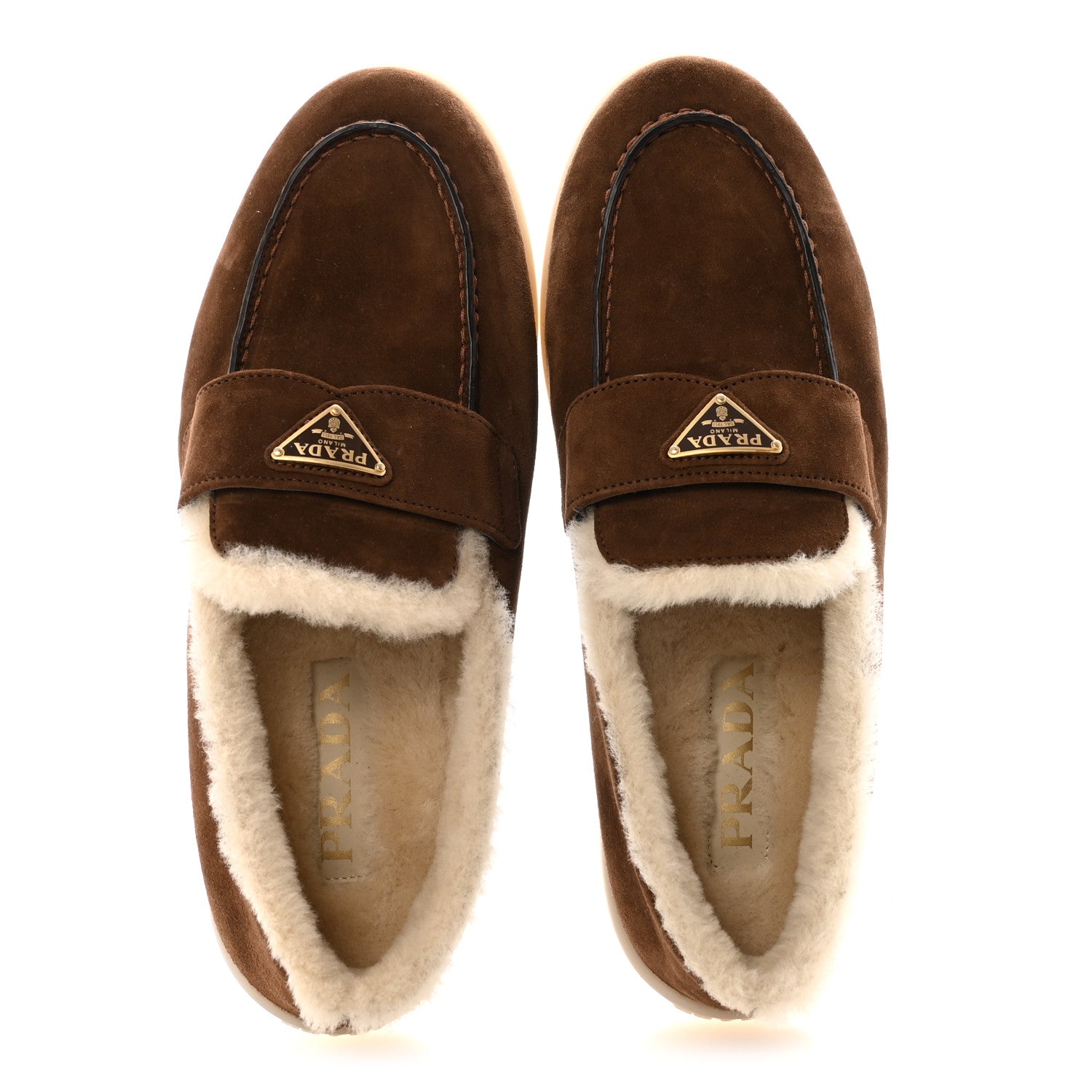 Prada Suede Shearling Triangle Logo Loafer 38.5 Cocoa Brown