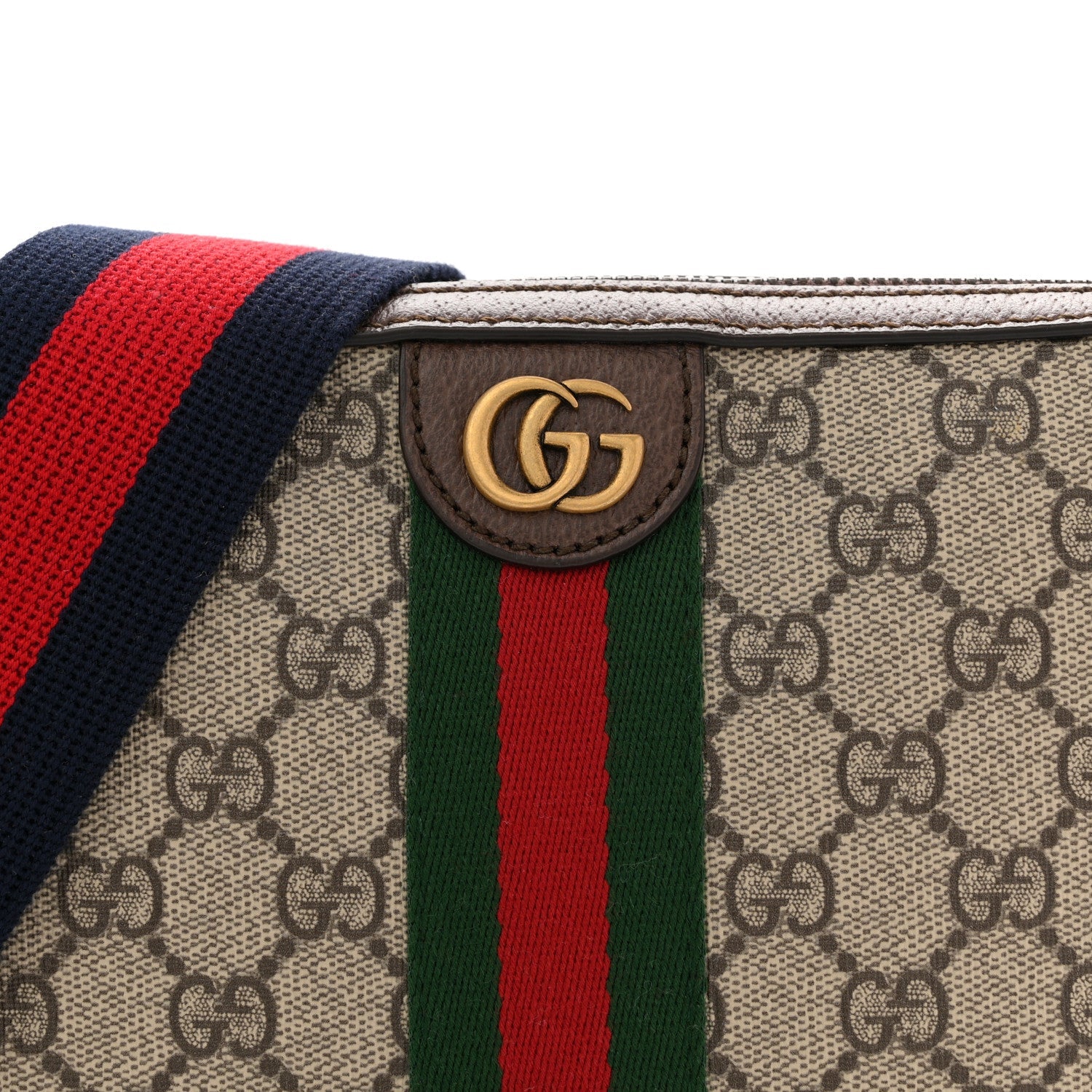 Gucci GG Supreme Monogram Textured Dollar Calfskin Web Ophidia Wristlet Shoulder Bag Beige Ebony New Acero