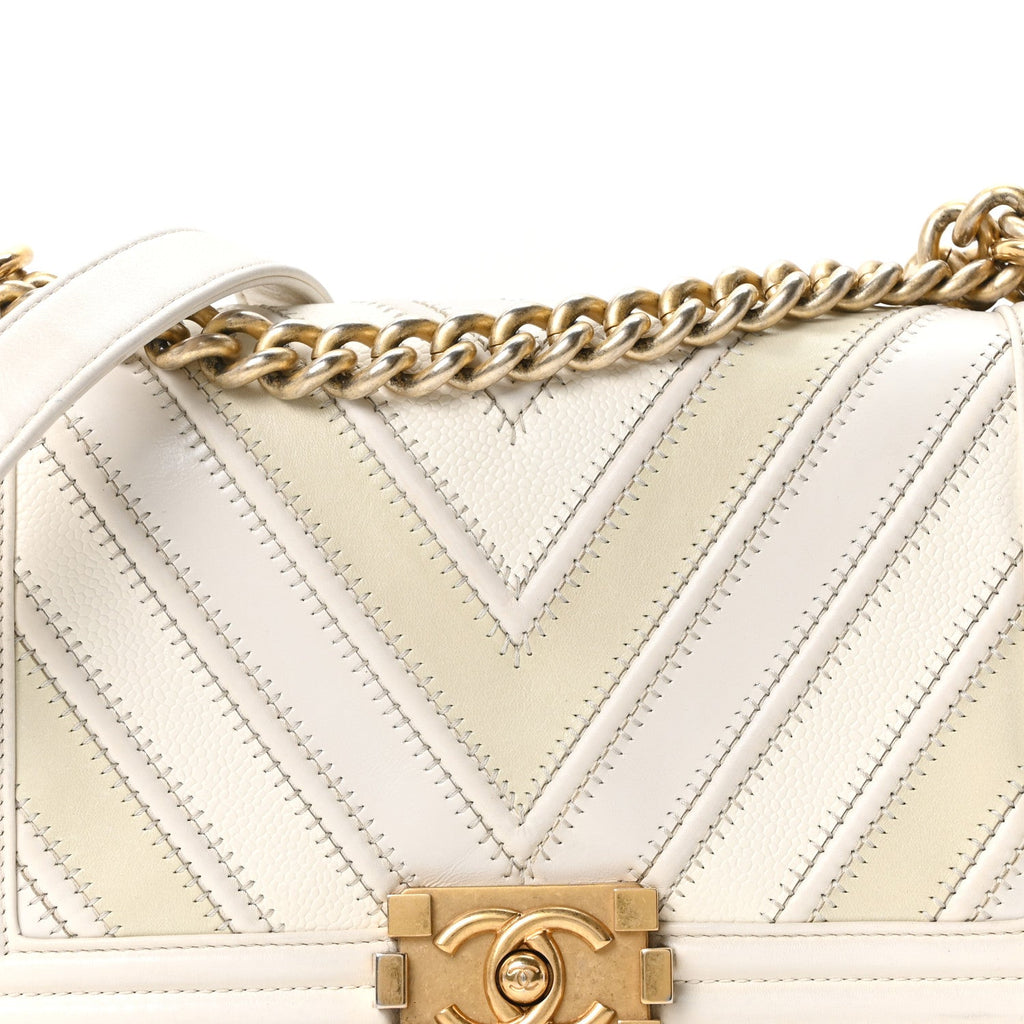 Chanel Caviar Calfskin Chevron Medium Boy Flap White