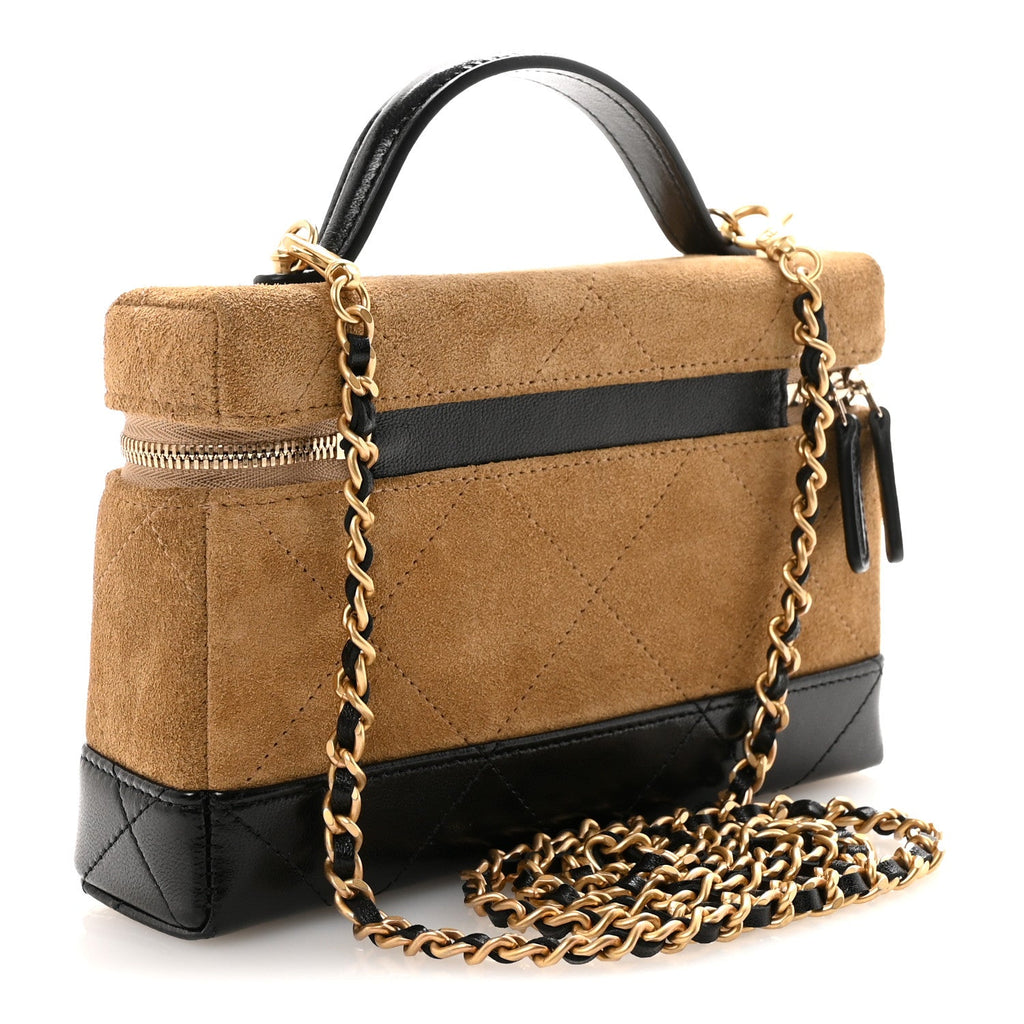 Chanel Suede Calfskin Shiny Lambskin Quilted Top Handle Slim Vanity Case With Chain Beige Black