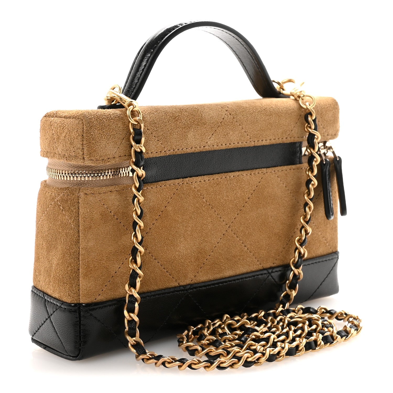 Chanel Suede Calfskin Shiny Lambskin Quilted Top Handle Slim Vanity Case With Chain Beige Black