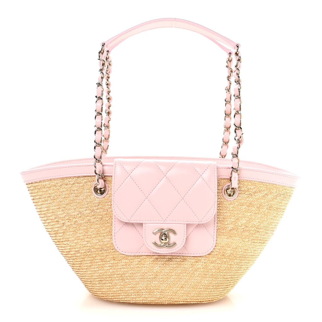 Chanel Raffia Lambskin Small Wicker Tote Beige Light Pink