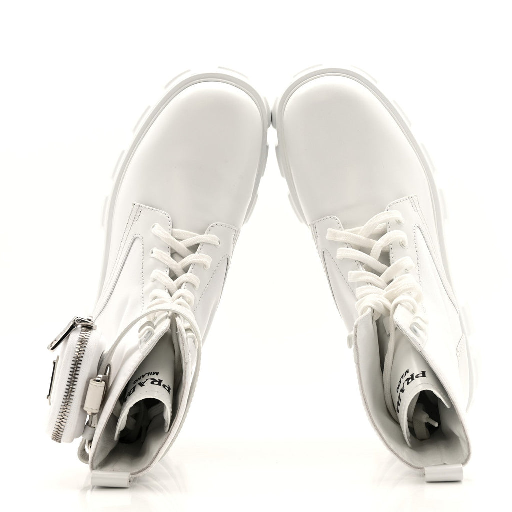 Prada Spazzolato Rois Re-Nylon Metal Triangle Logo Monolith Pouch Pocket 55mm Boots 40 White