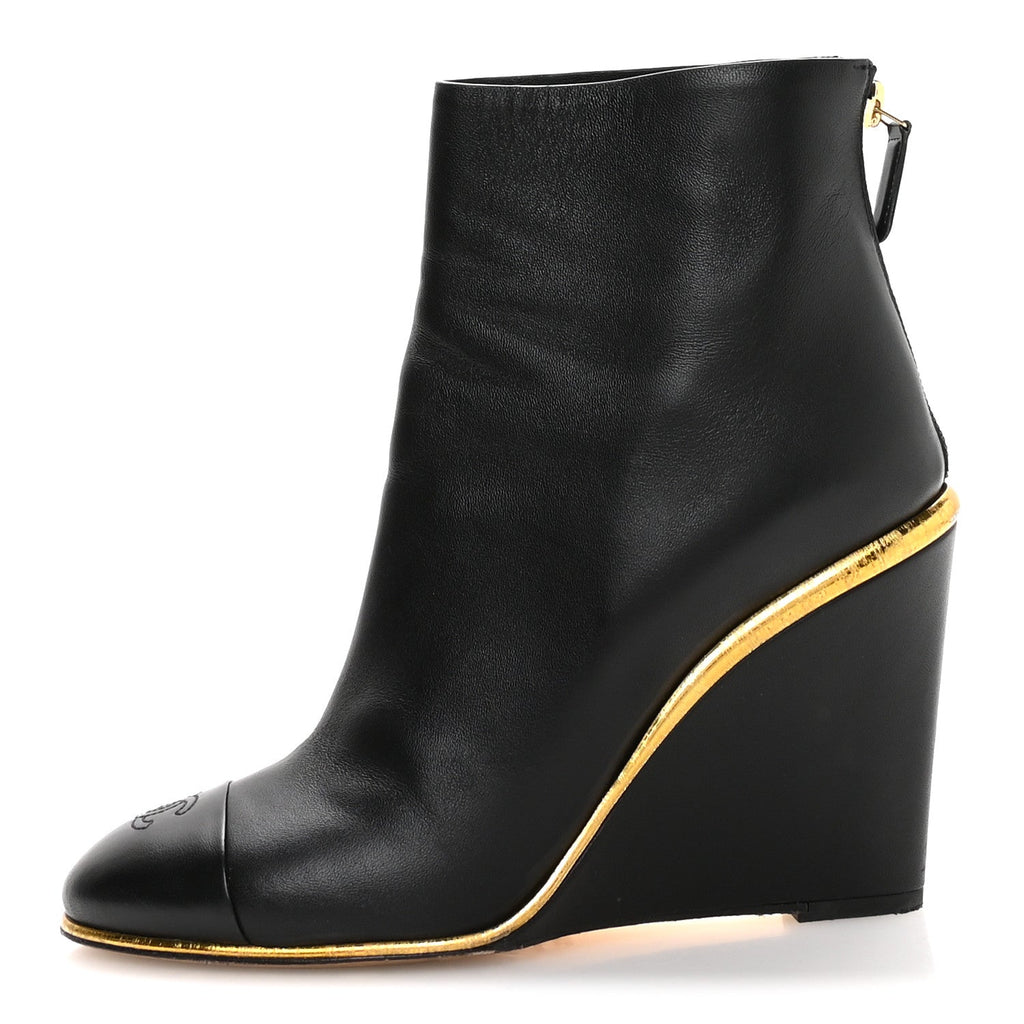 Lambskin Cap Toe Wedge Ankle Boots 38.5 Black