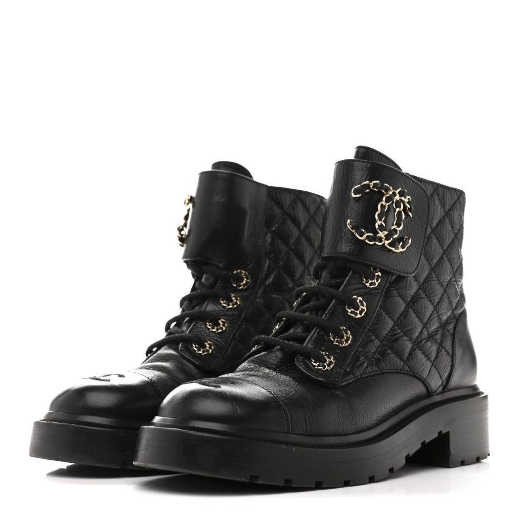 Chanel Shiny Goatskin Calfskin Quilted Lace Up Combat Boots 37 Black