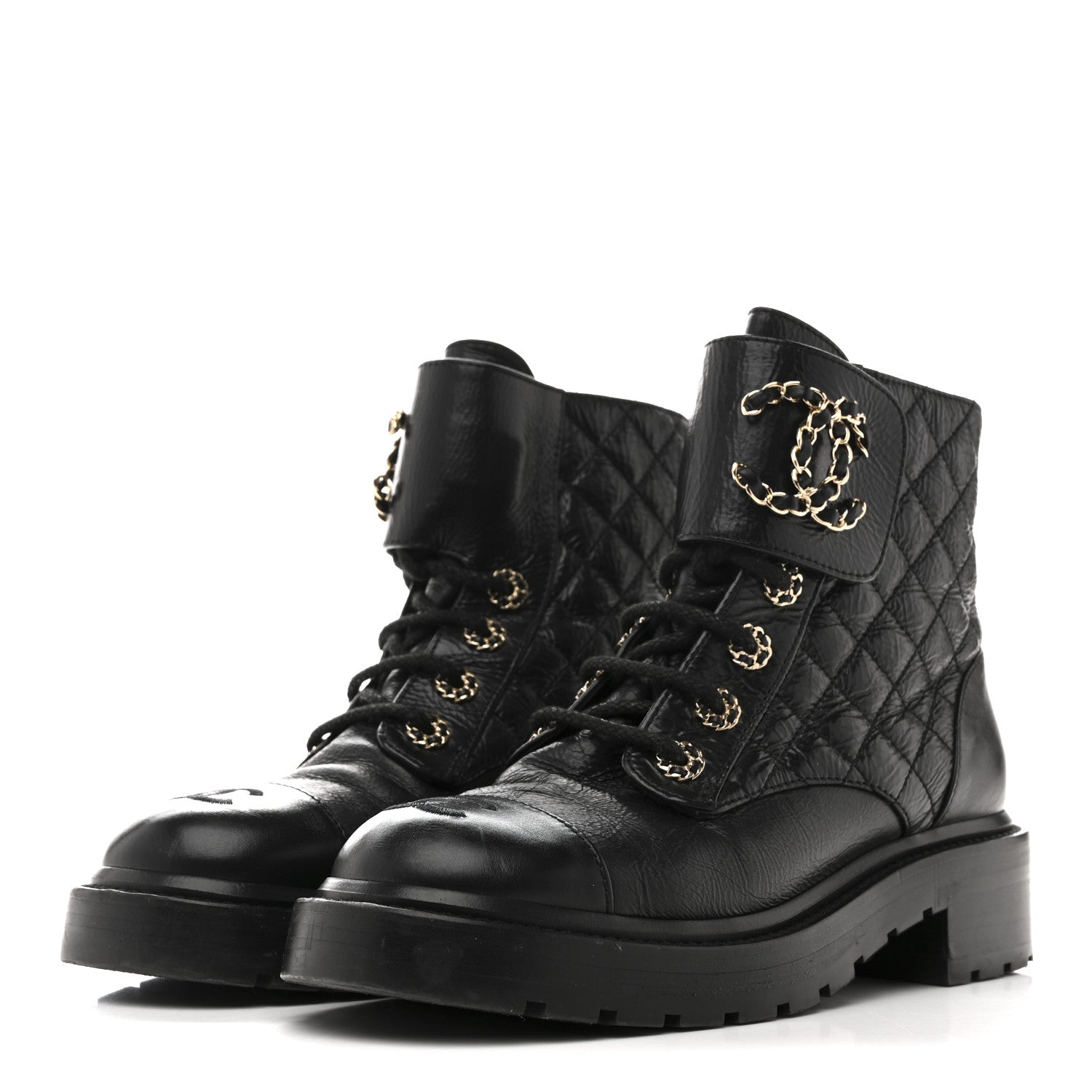 Chanel Shiny Goatskin Calfskin Quilted Lace Up Combat Boots 37 Black