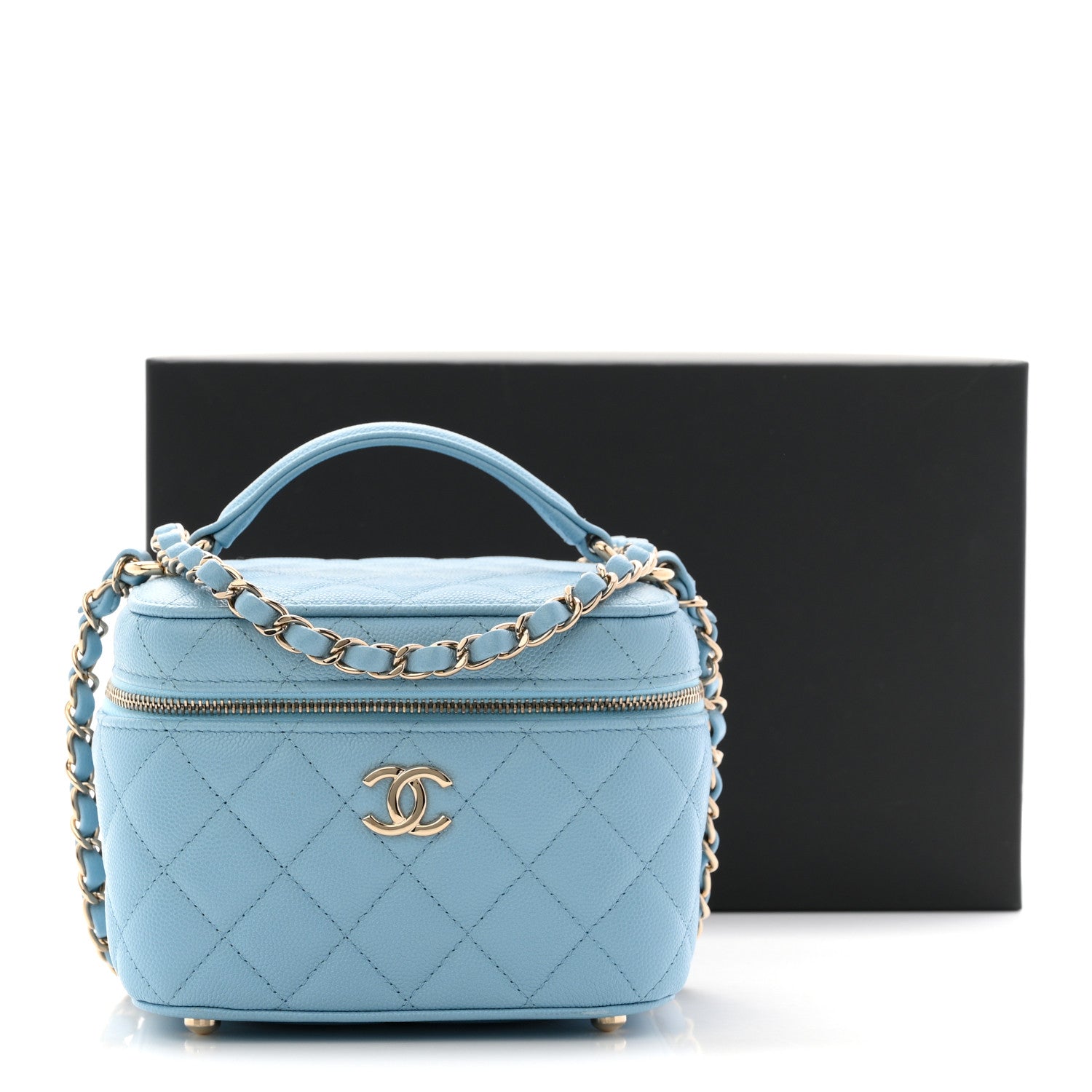 Chanel Caviar Quilted Top Handle Vanity Case With Chain Blue