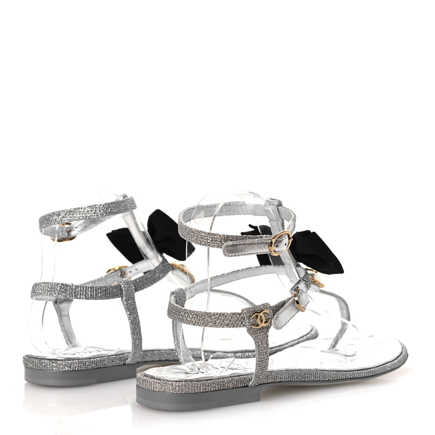 Fabric Grosgrain Pearl Crystal Thong Sandals 40 Silver Black