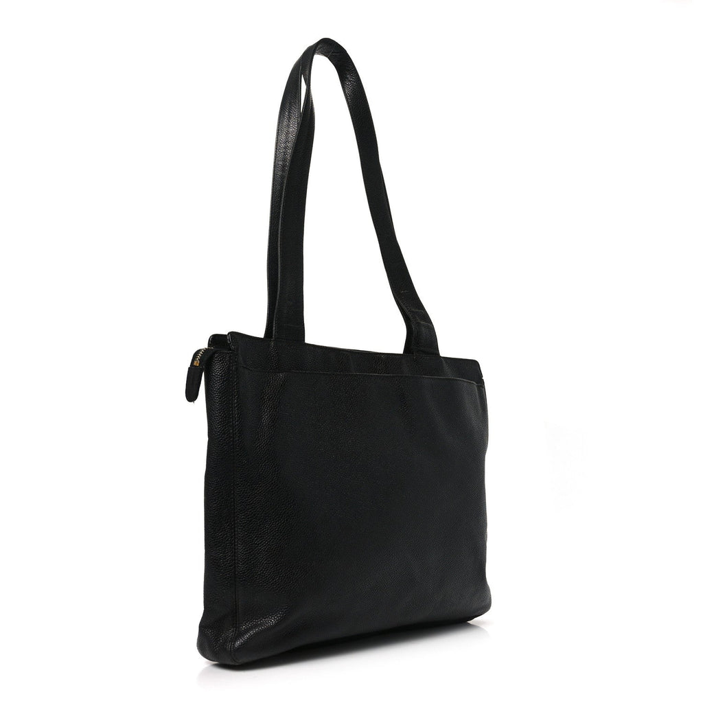 Chanel Caviar Embroidered Logo Shoulder Bag Black