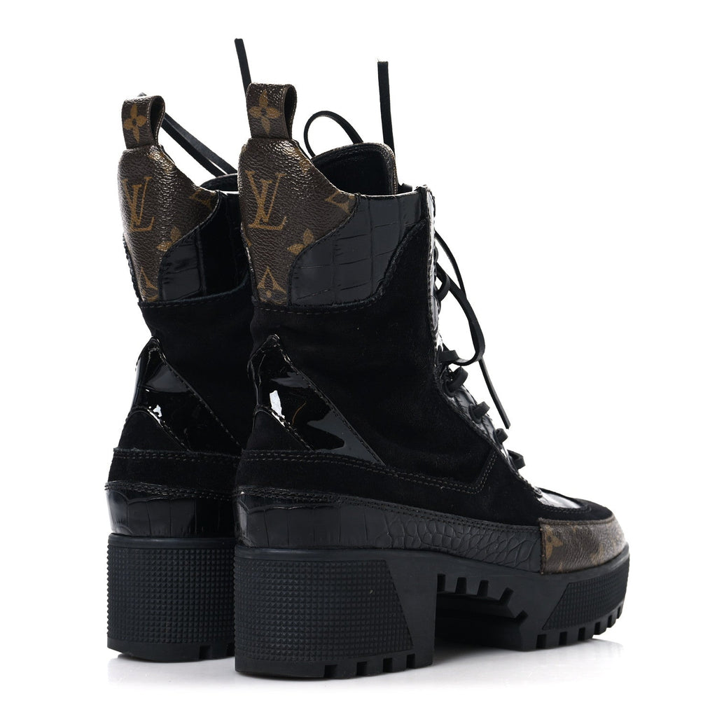 Louis Vuitton Suede Crocodile Embossed Calfskin Monogram Laureate Platform Desert Boots 36 Black