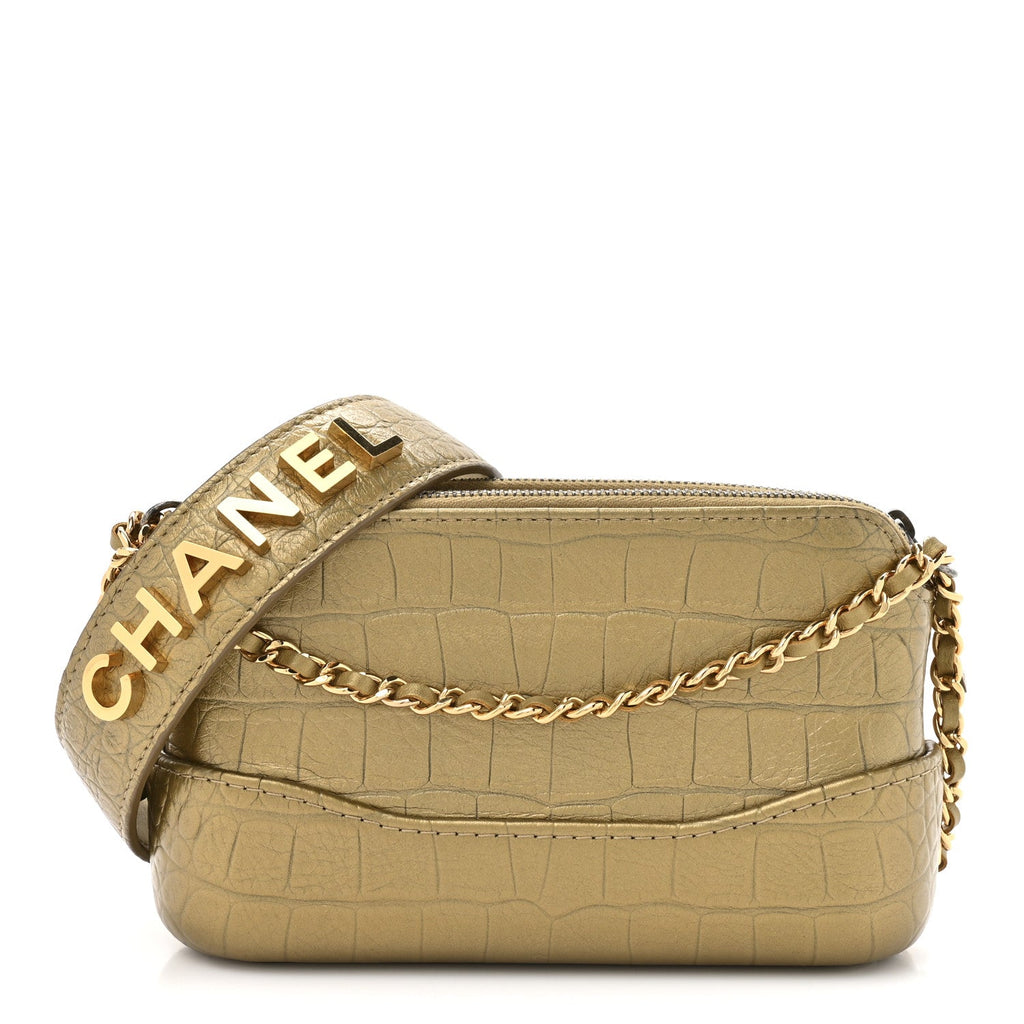 Chanel Metallic Calfskin Crocodile Embossed Small Gabrielle Clutch With Chain Gold