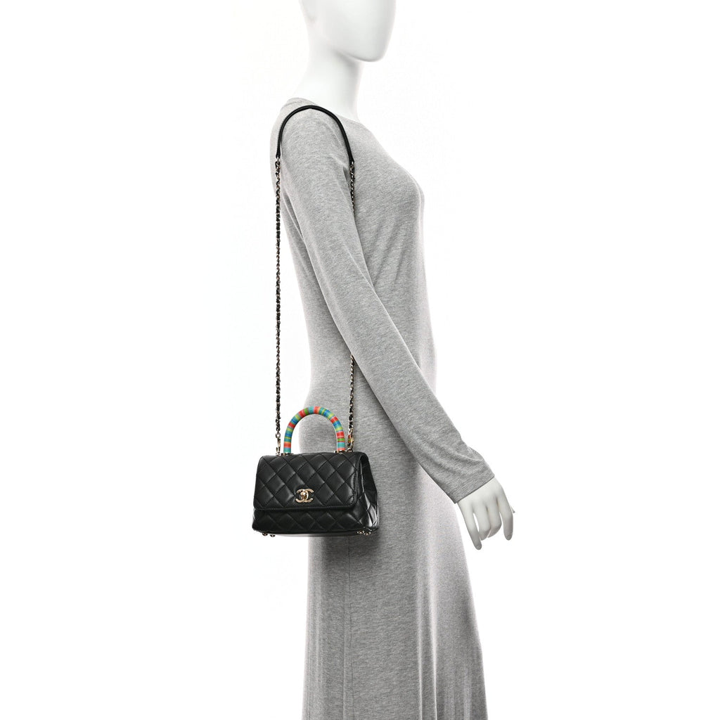 Chanel Goatskin Quilted Rainbow Extra Mini Coco Handle Flap Black