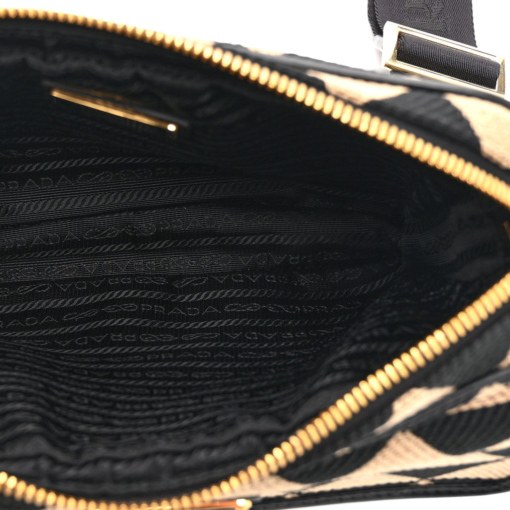 Prada Jacquard Saffiano Triangolo Symbole Embroidered Pocket Single Snap Buckle Messenger Flap Bag  Black Corda