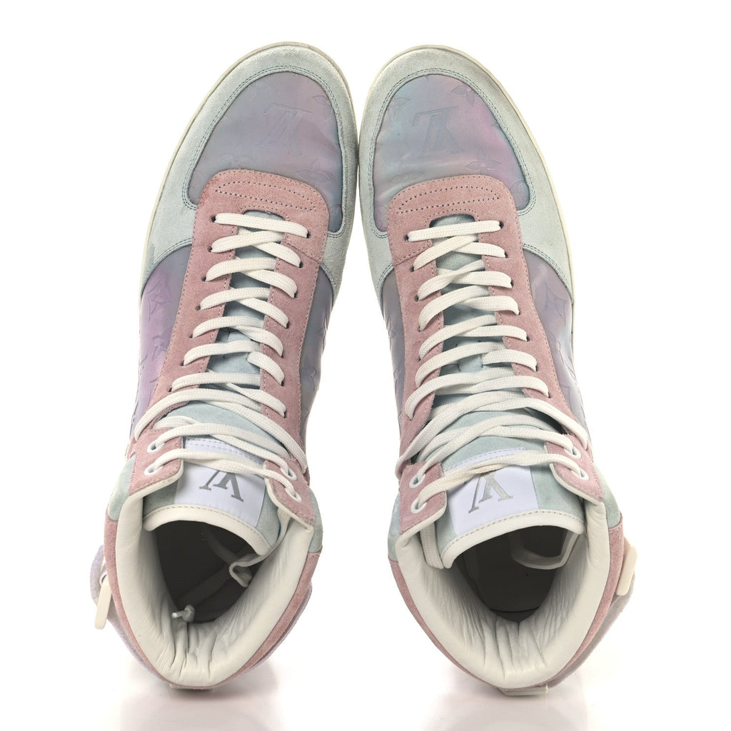 Louis Vuitton Calfskin Suede Monogram Mens Rivoli High Top Sneakers 10 White Multicolor