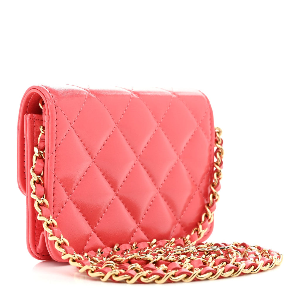 Chanel Shiny Lambskin Quilted Card Holder On Chain Pink