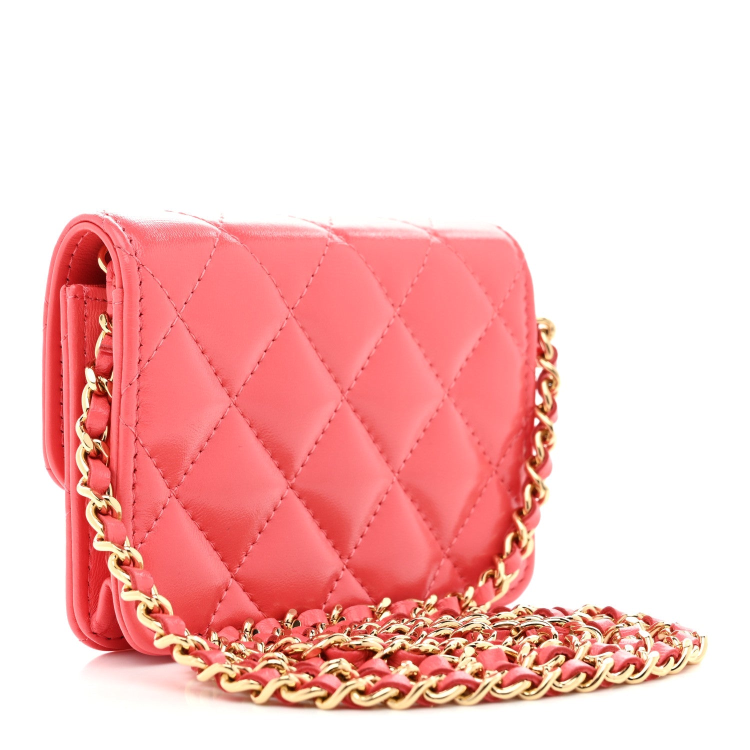 Chanel Shiny Lambskin Quilted Card Holder On Chain Pink