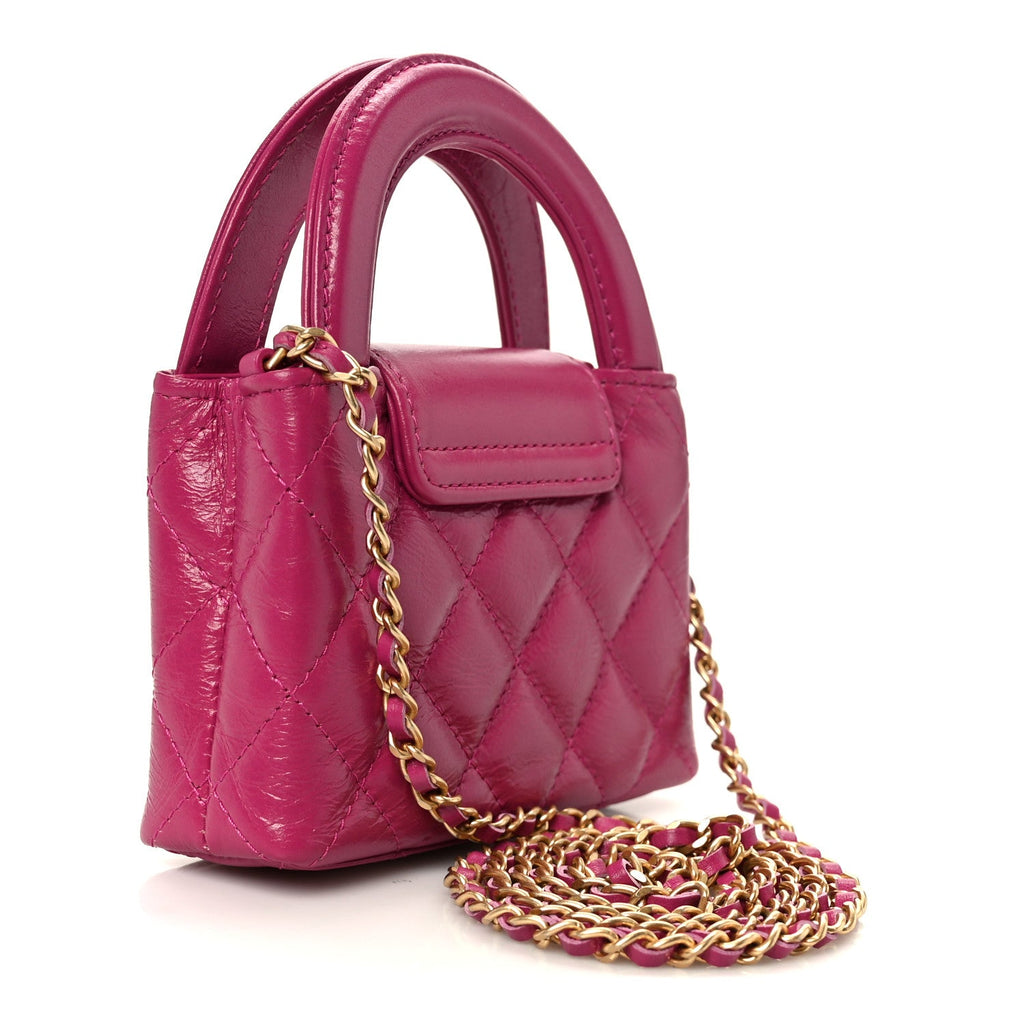 Chanel Shiny Aged Calfskin Quilted Mini Nano Kelly Shopper Dark Pink