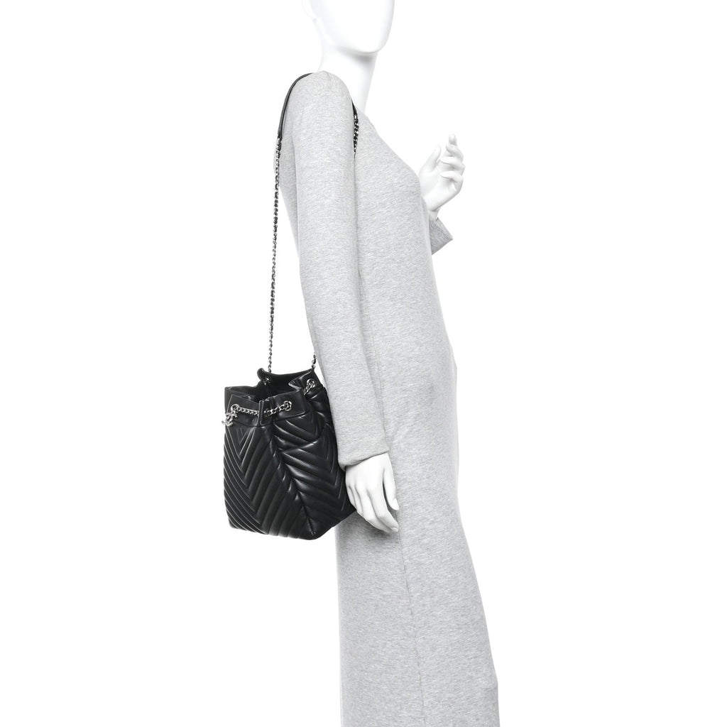 Chanel Lambskin Chevron Small Urban Spirit Drawstring Bag Black