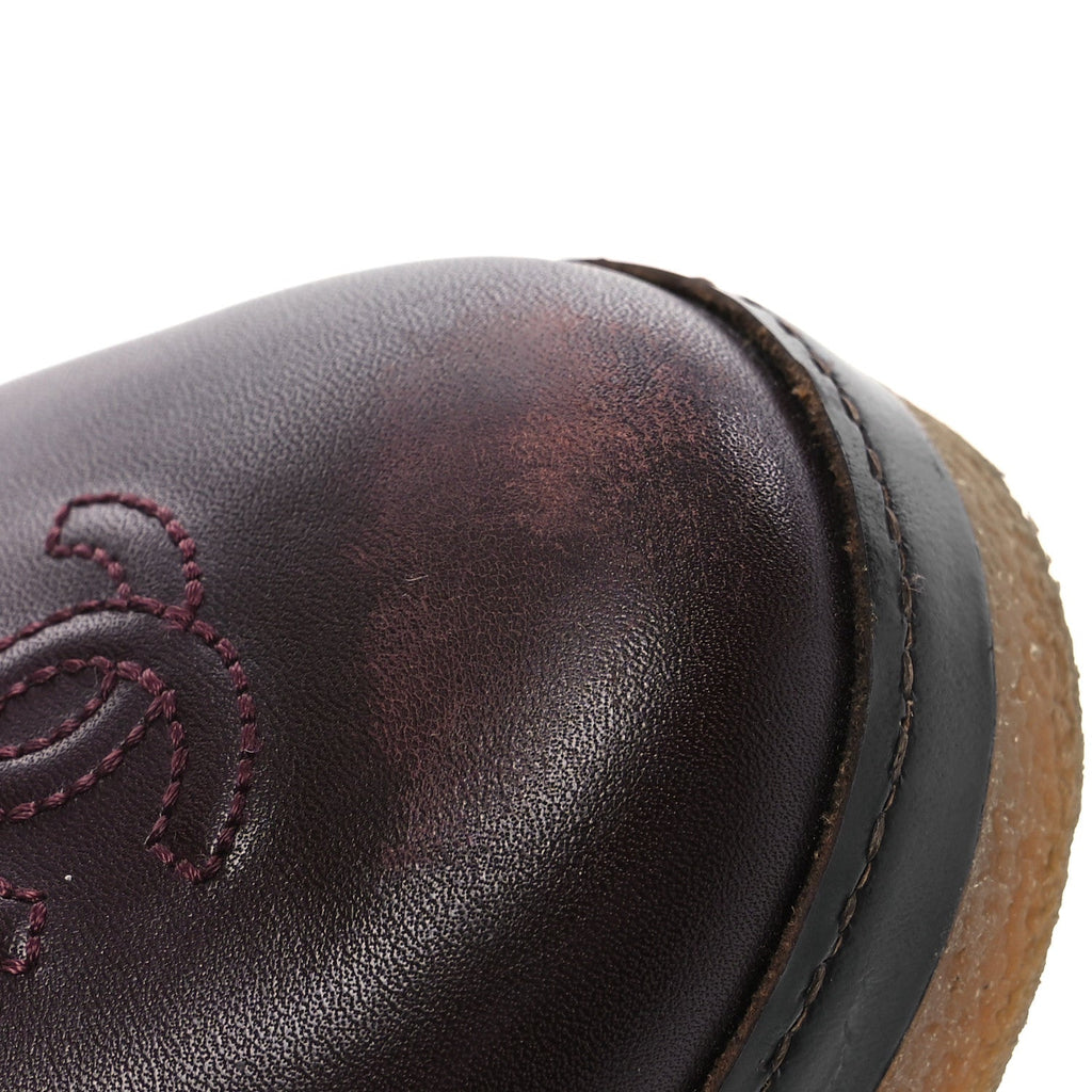 Chanel Tweed Calfskin Patent CC Lace Up Short Boots 39 Burgundy