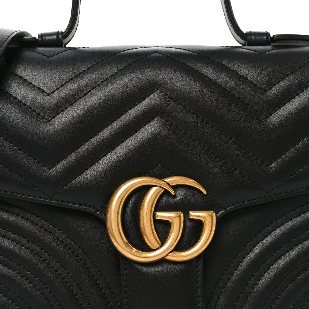 Gucci Calfskin Matelasse Small GG Marmont Top Handle Shoulder Bag Black