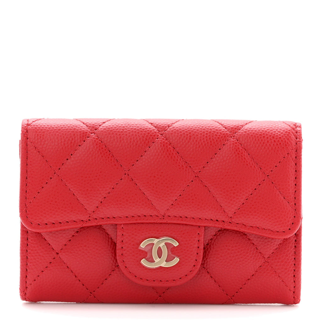 Caviar Quilted Flap Card Holder Wallet Red