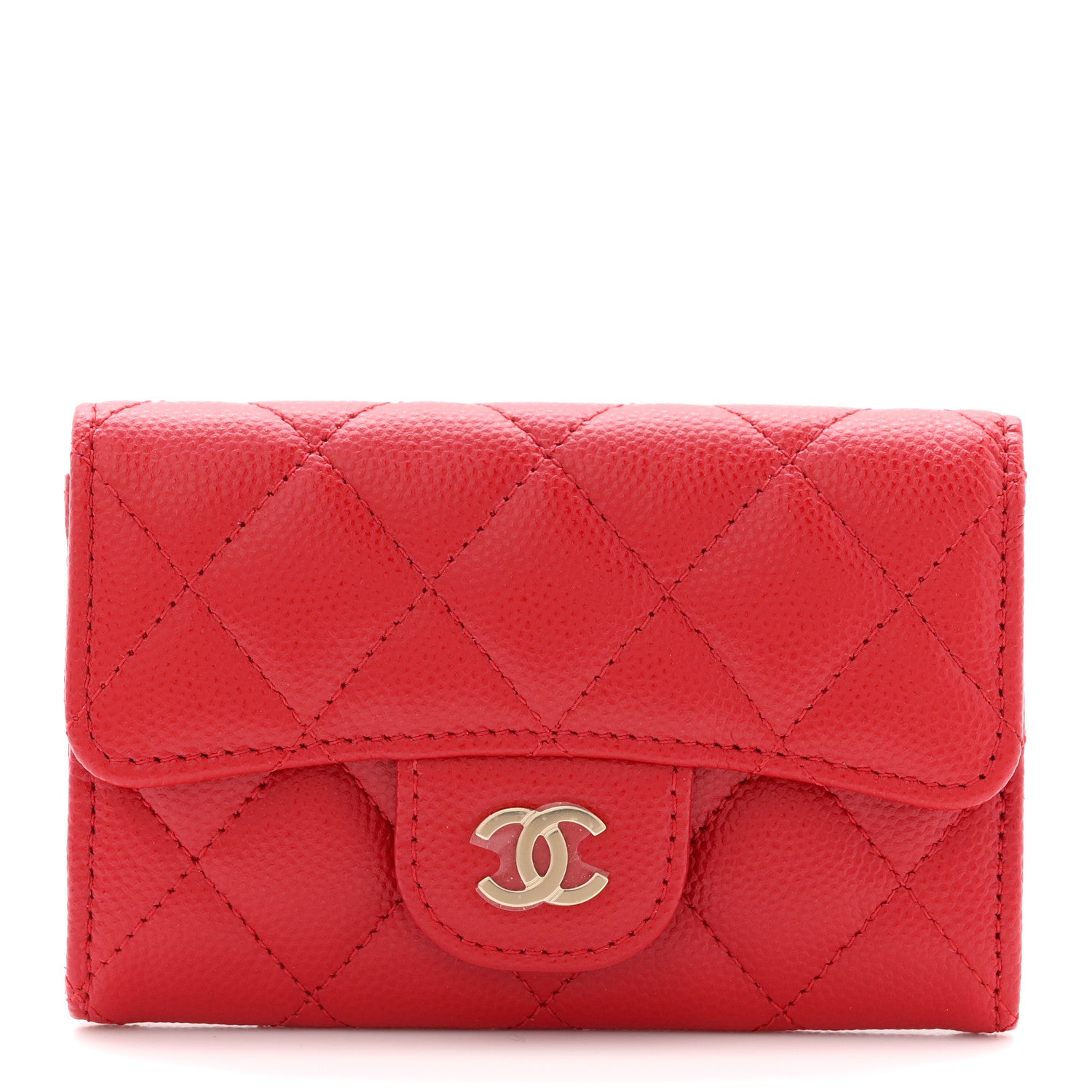 Caviar Quilted Flap Card Holder Wallet Red