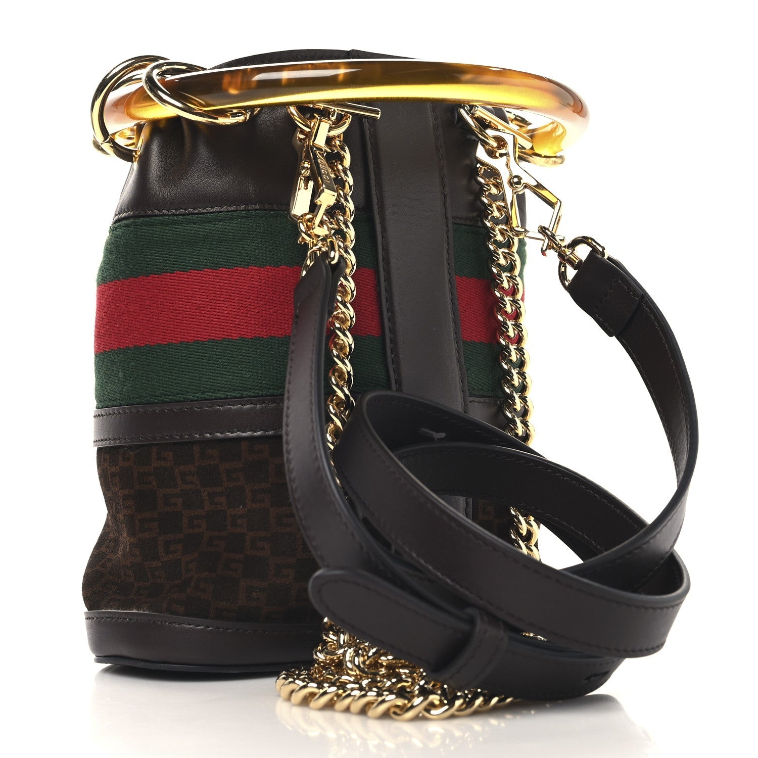 Gucci Suede Calfskin Web G Logo Bucket Bag Dark Brown