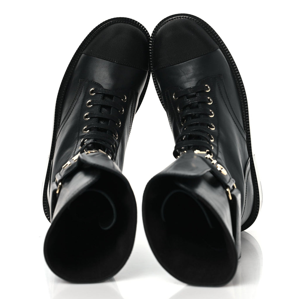 Chanel Shiny Calfskin Grosgrain Lace Up Combat Boots 36.5 Black