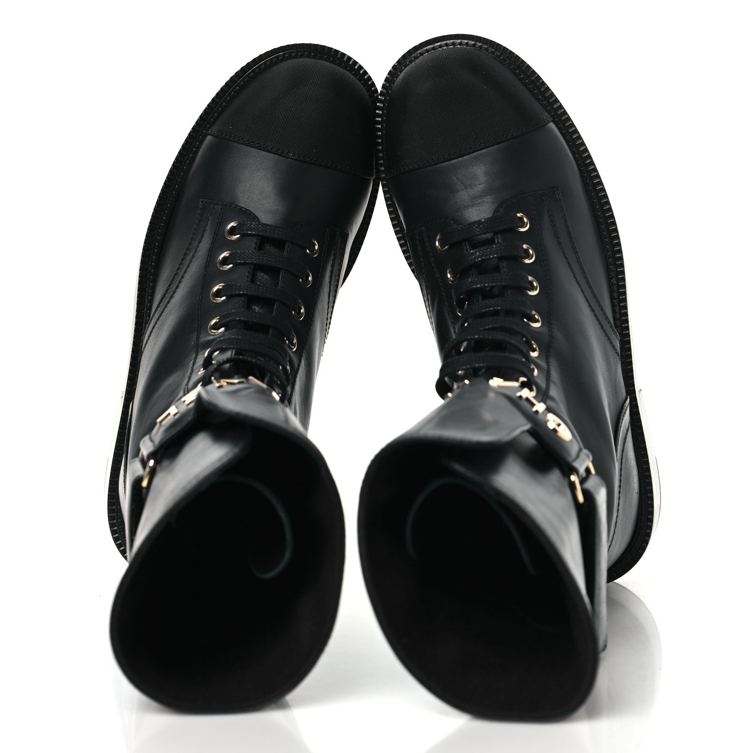 Chanel Shiny Calfskin Grosgrain Lace Up Combat Boots 36.5 Black