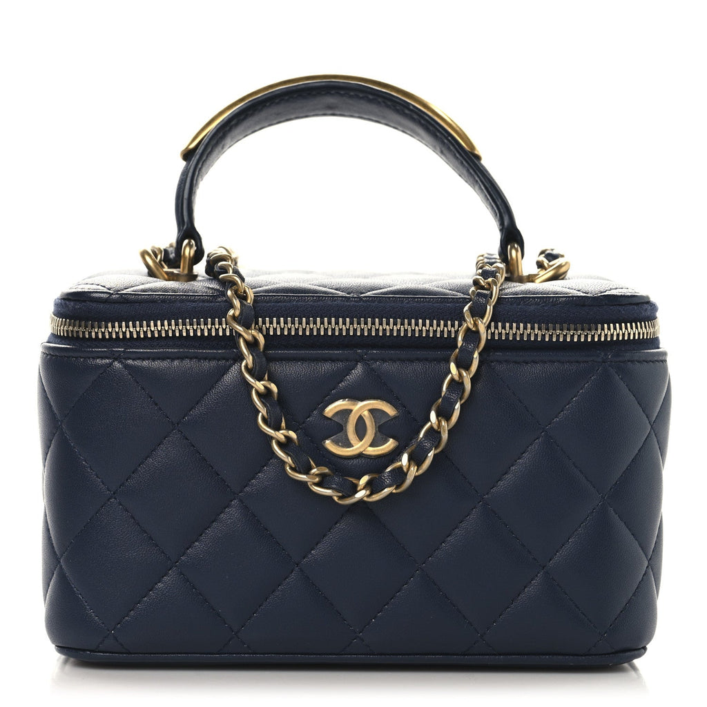 Chanel Lambskin Quilted Metal Small Top Handle Vanity Case With Chain Blue