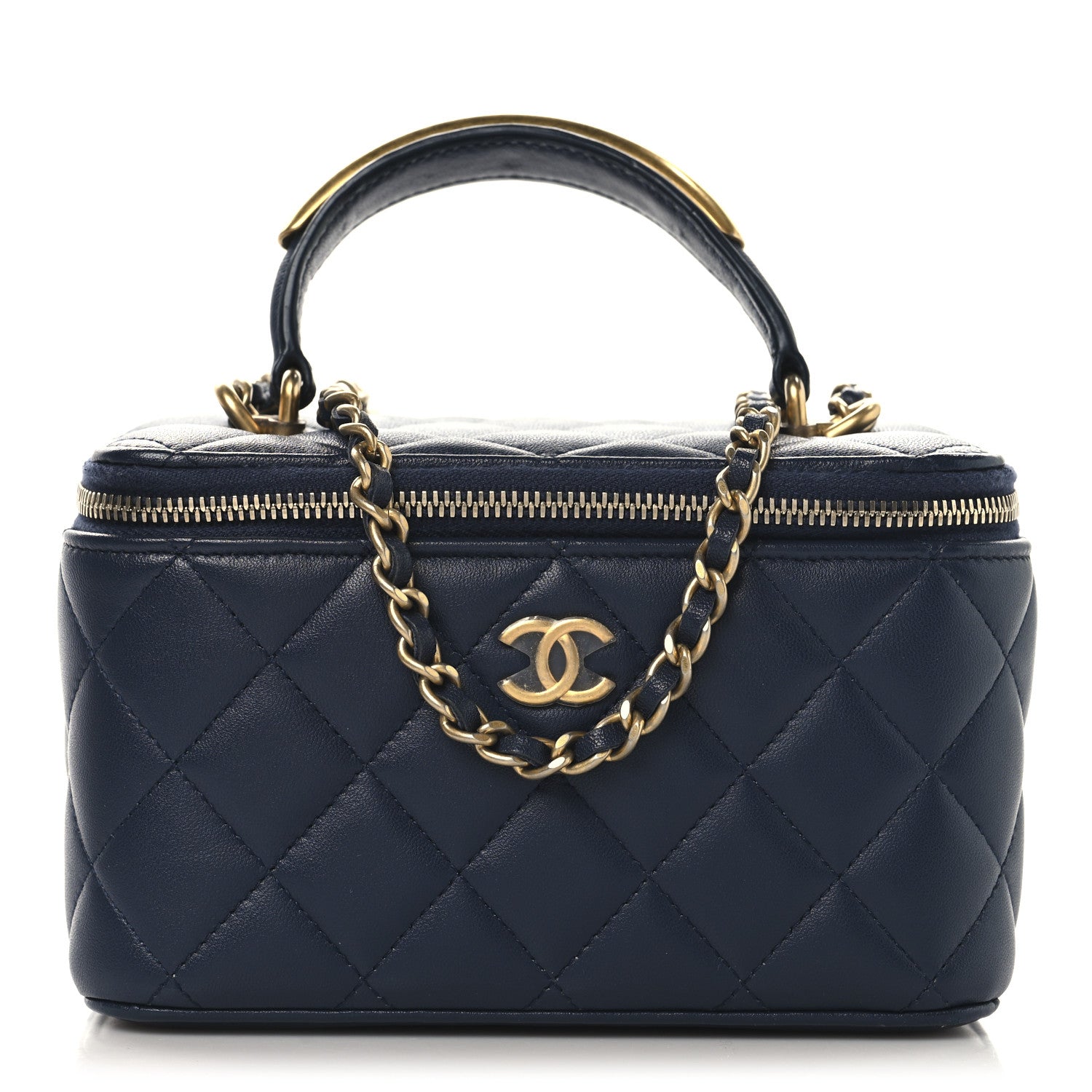 Chanel Lambskin Quilted Metal Small Top Handle Vanity Case With Chain Blue