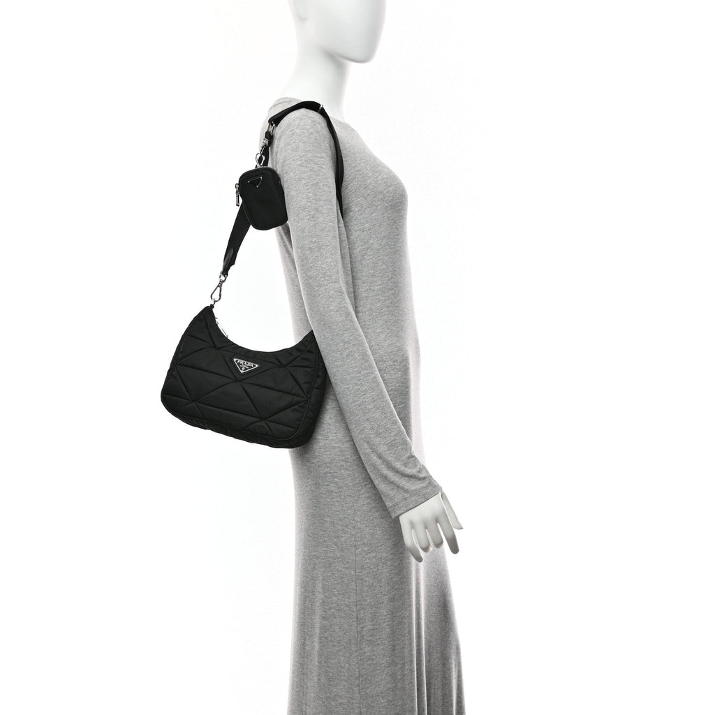 Prada Re-Nylon Triangle Padded Patchwork Shoulder Bag Black