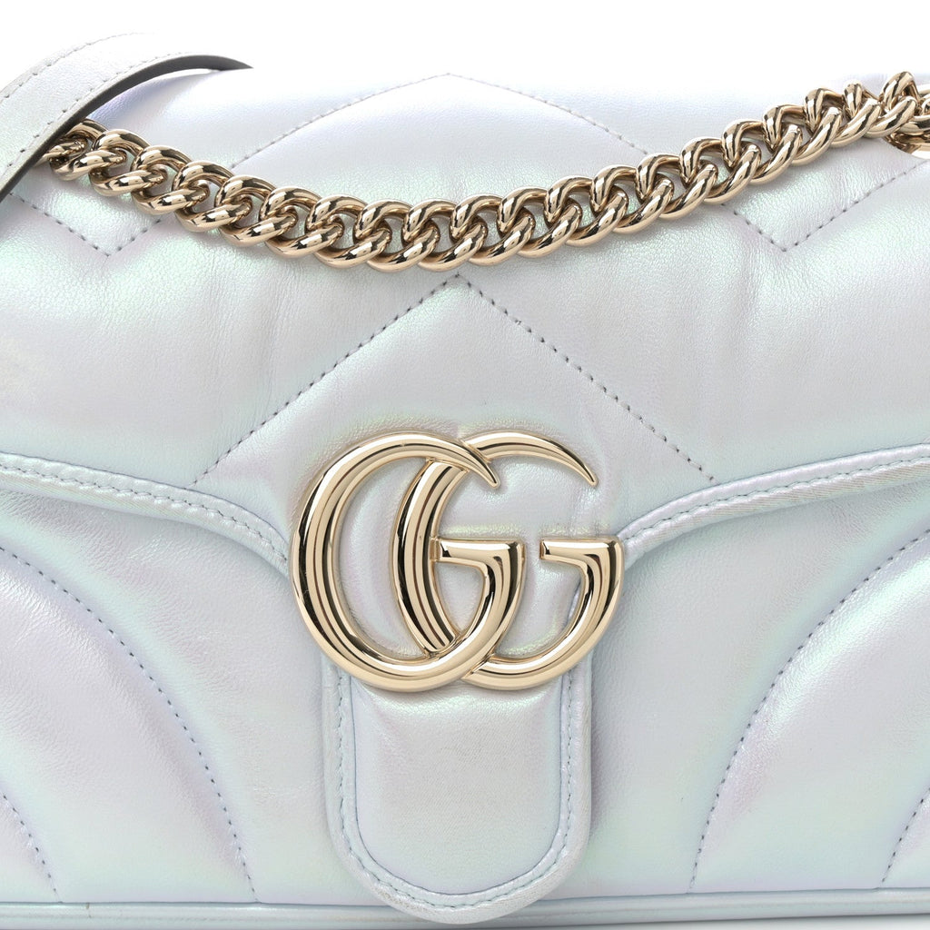 Gucci Iridescent Nappa Chevron Matelasse Small GG Marmont Shoulder Bag Iridescent Snow Light Blue