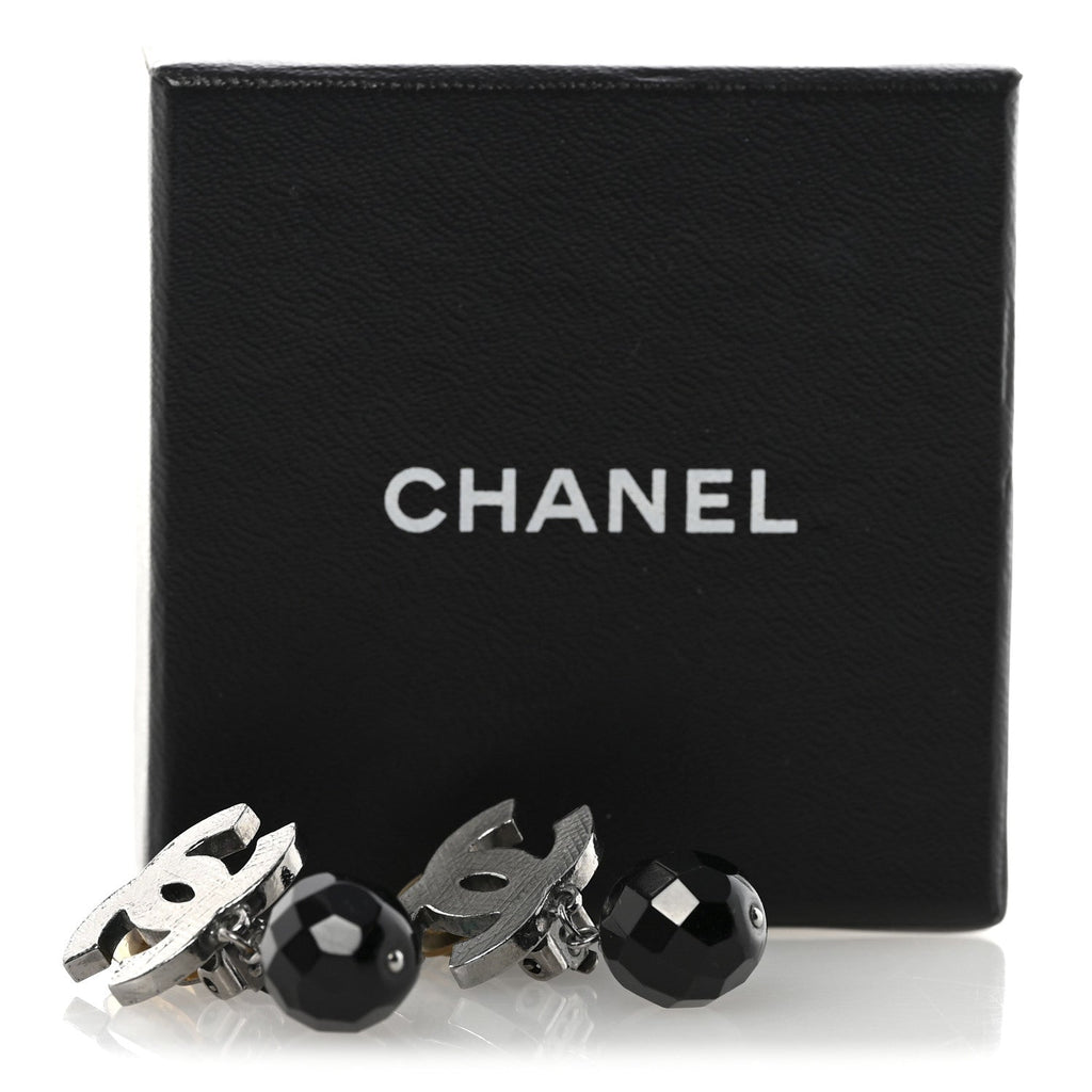 Ruthenium CC Bead Drop Clip On Earrings Black
