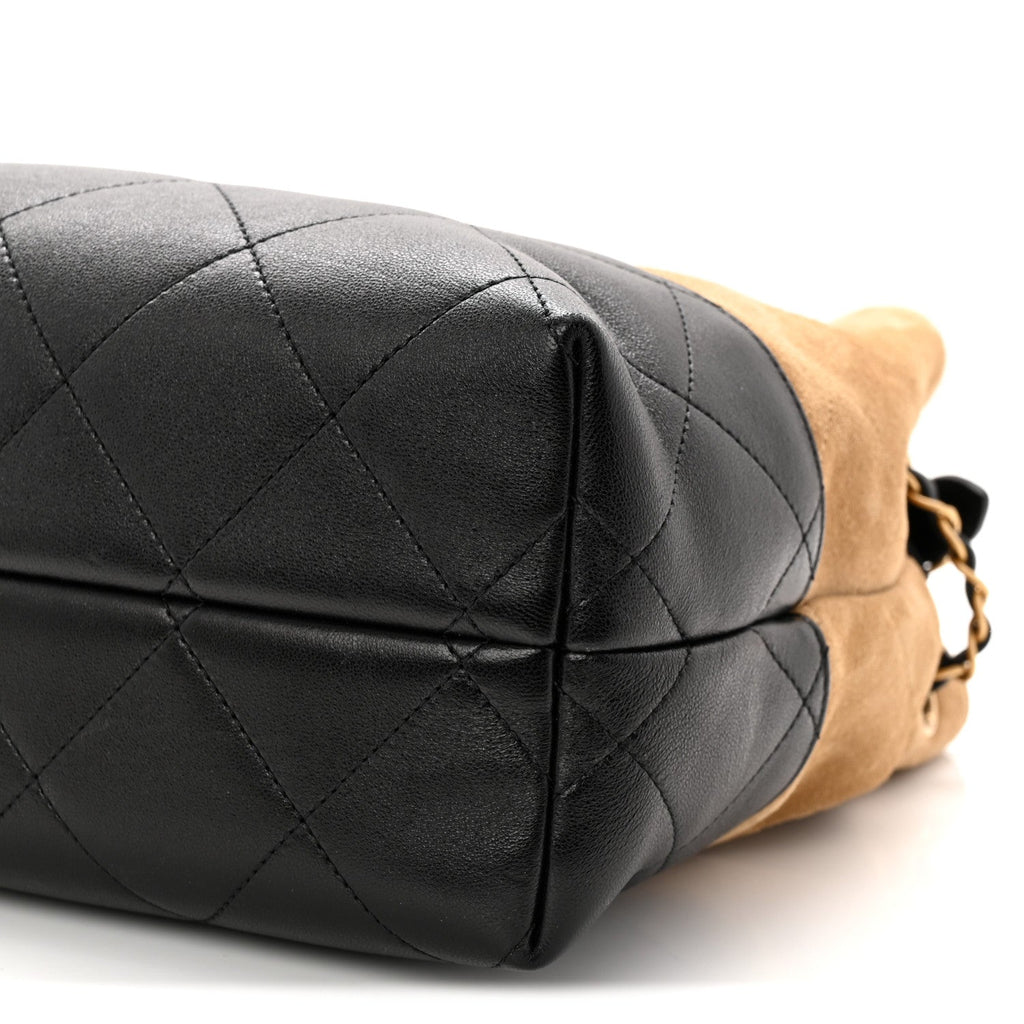 Chanel Suede Calfskin Shiny Lambskin Quilted Small Coco Base Shopping Bag Beige Black
