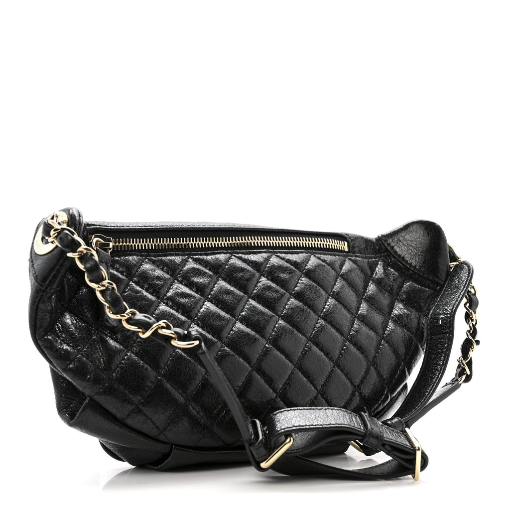 Chanel Crumpled Glazed Lambskin Quilted Waist Bag Fanny Pack Black