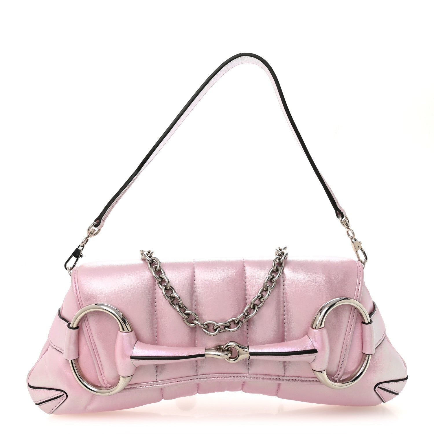 Gucci Iridescent Nappa Vertical Matelasse Medium Maxi Horsebit Chain Shoulder Bag Escape Pink