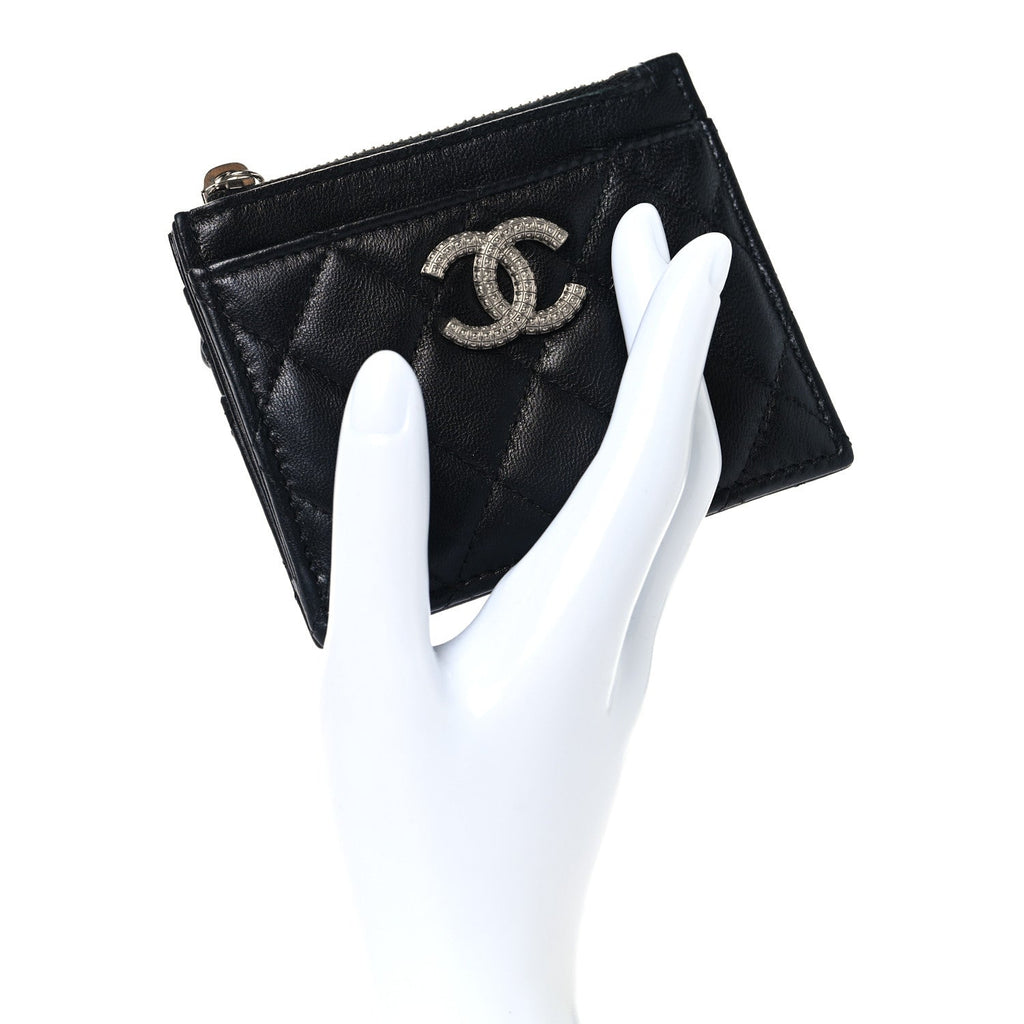 Lambskin Quilted CC Zip Card Holder Black