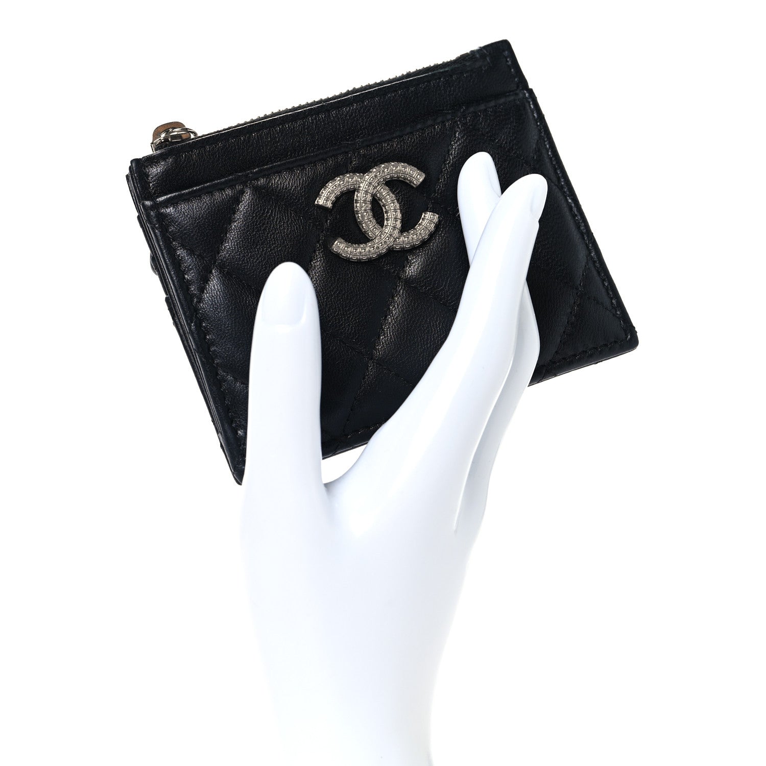 Lambskin Quilted CC Zip Card Holder Black