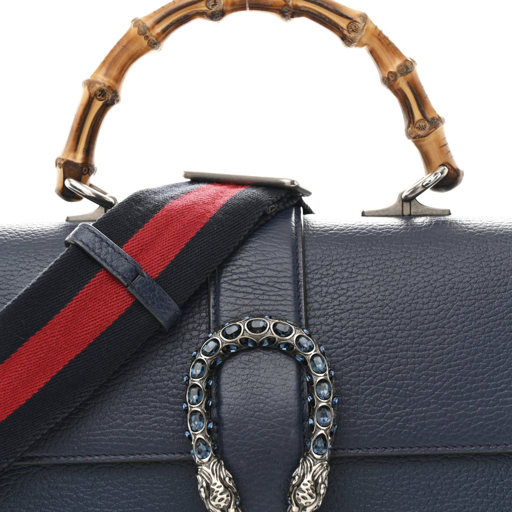 Gucci Dollar Calfskin Crystal Web Medium Dionysus Bamboo Top Handle Bag Blue Agata Montana Sapphire