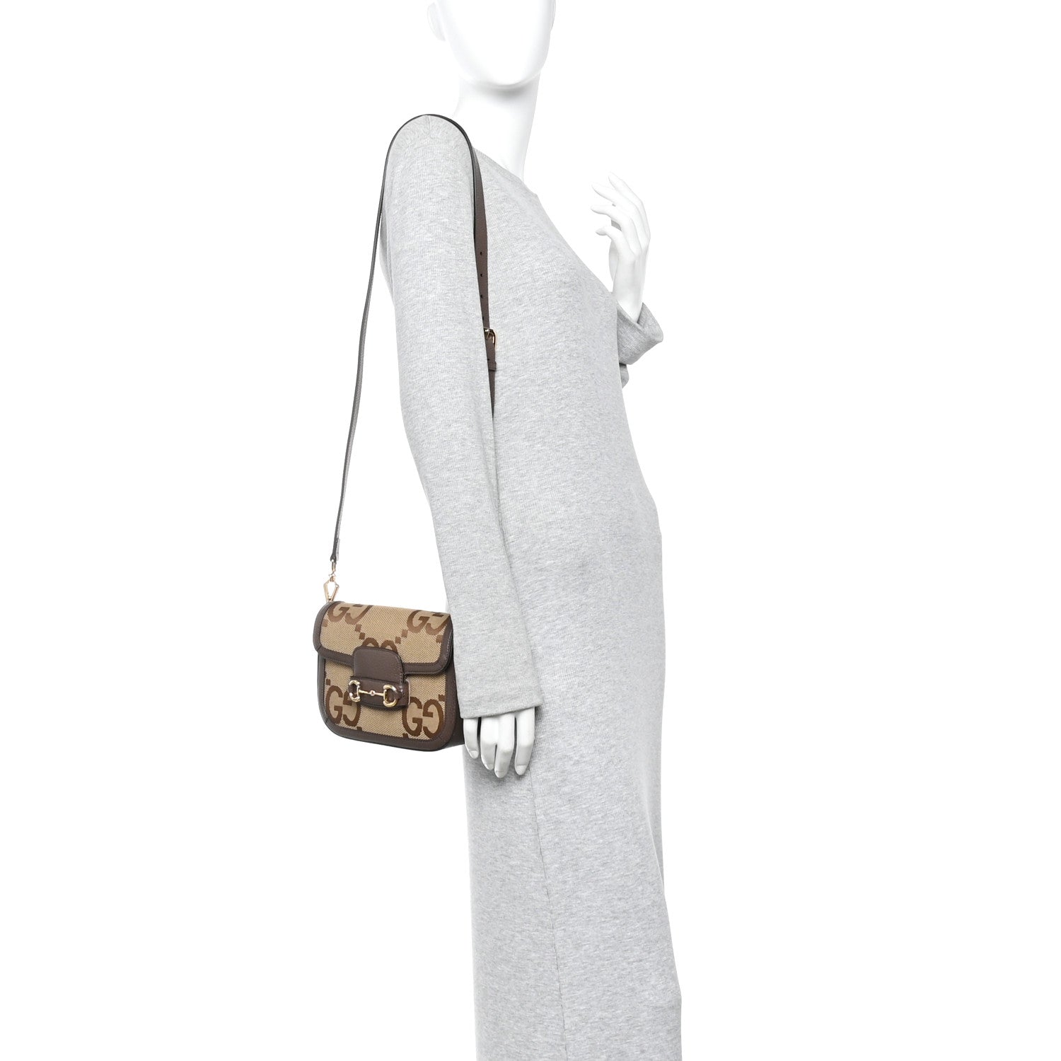 Gucci Monogram Jumbo GG Textured Dollar Calfskin Web Mini Horsebit 1955 Shoulder Bag Camel Ebony New Acero