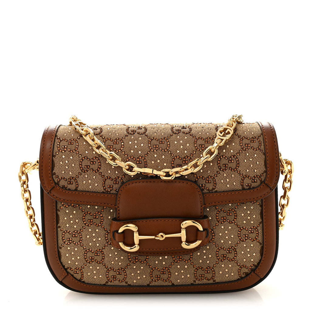Gucci New Canvas Charisma Calfskin Crystal GG Monogram Mini Horsebit 1955 Shoulder Bag Camel Ebony