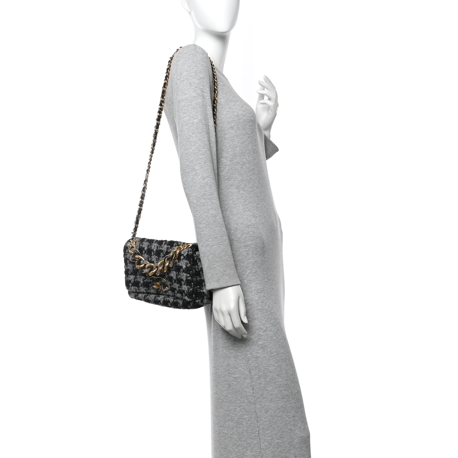 Chanel Wool Tweed Quilted Small Elegant Chain Flap Black Grey