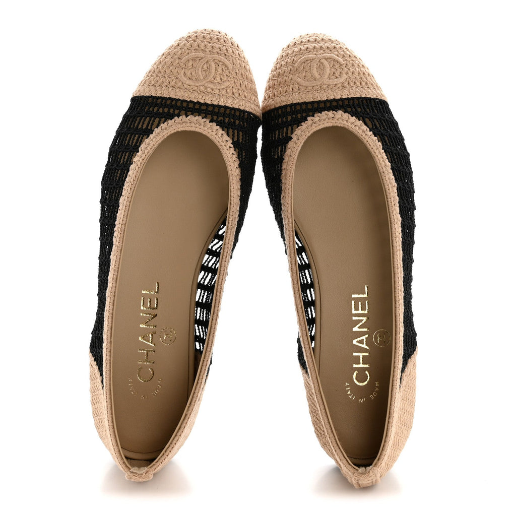 Raffia Cap Toe Ballerina Flats 37 Black Beige