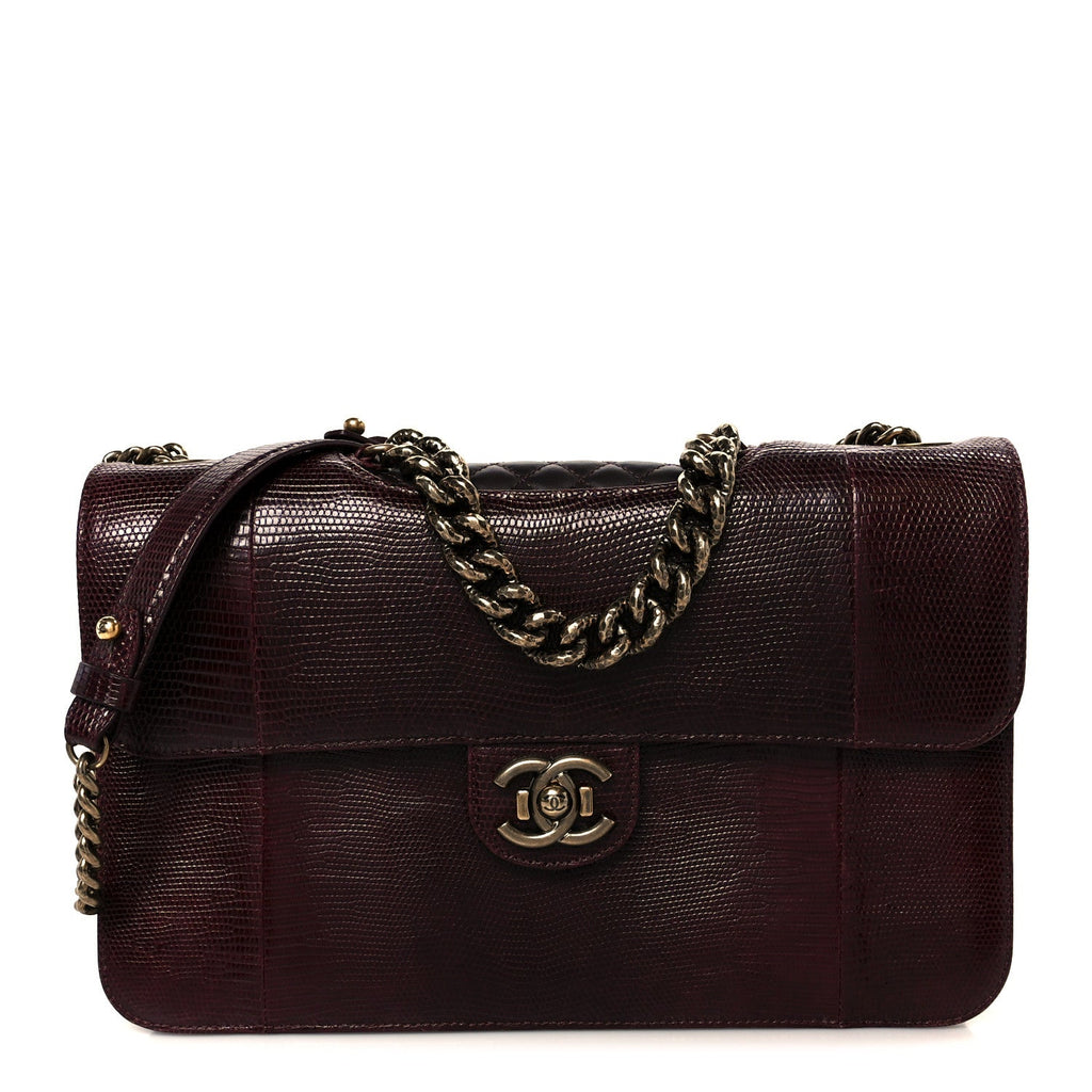 Chanel Lizard Lambskin Quilted Large Perfect Edge Flap Burgundy